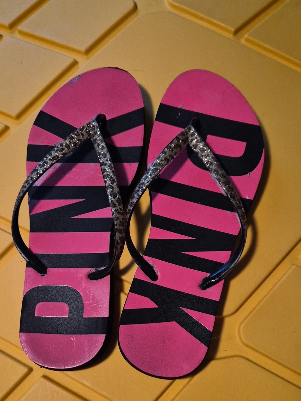 Pink Graphic Logo Flip Flops with Metallic leopard-Print Straps